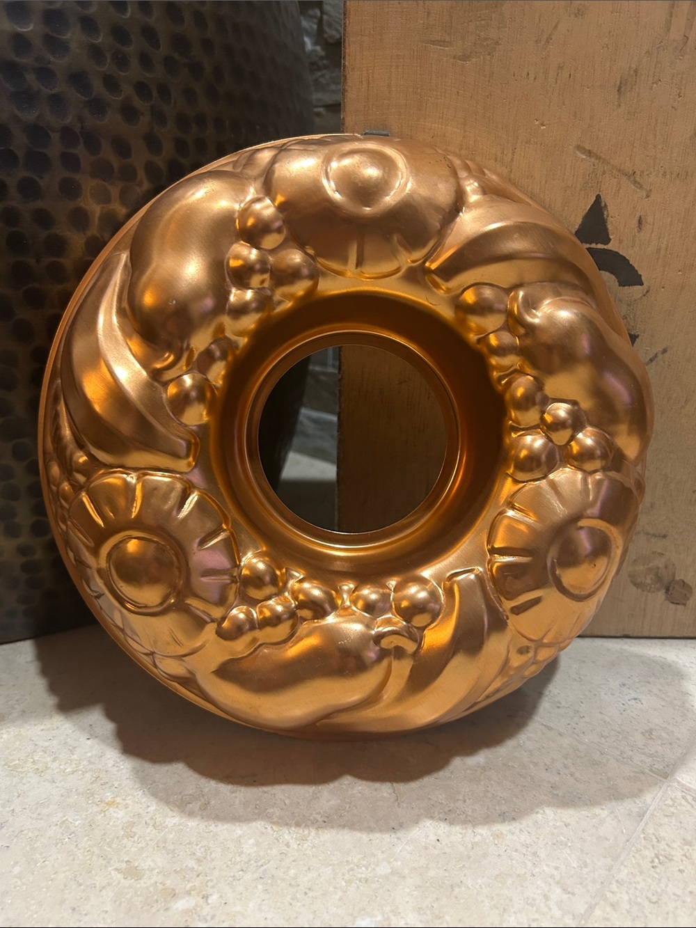 vintage copper-colored aluminum fruit wreath Jell-O mold